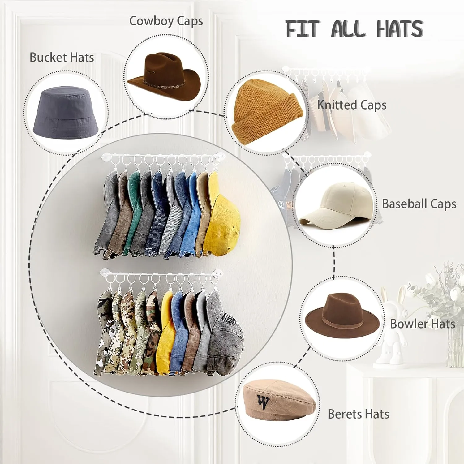 Hat Rack Wall Cap Organizer - Baseball Hat Racks Display Holder with 40 Hooks - Modern Metal Black Hats Storage Wall Mounted Caps Hanger Set of 4 for Closet Door Bedroom Entryway Laundry(White)