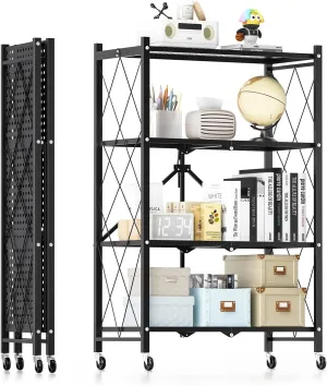 HealSmart Heavy Duty 4-Tier Foldable Metal Rack, 28.0" D x 13.4" W x 49.2" H Storage Shelving Unit with Wheels Moving Organizer Shelves for Garage Kitchen, Black