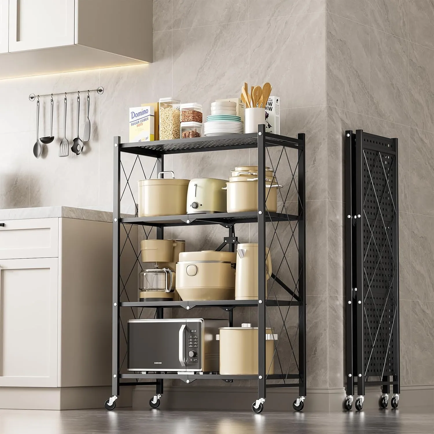 HealSmart Heavy Duty 4-Tier Foldable Metal Rack, 28.0" D x 13.4" W x 49.2" H Storage Shelving Unit with Wheels Moving Organizer Shelves for Garage Kitchen, Black