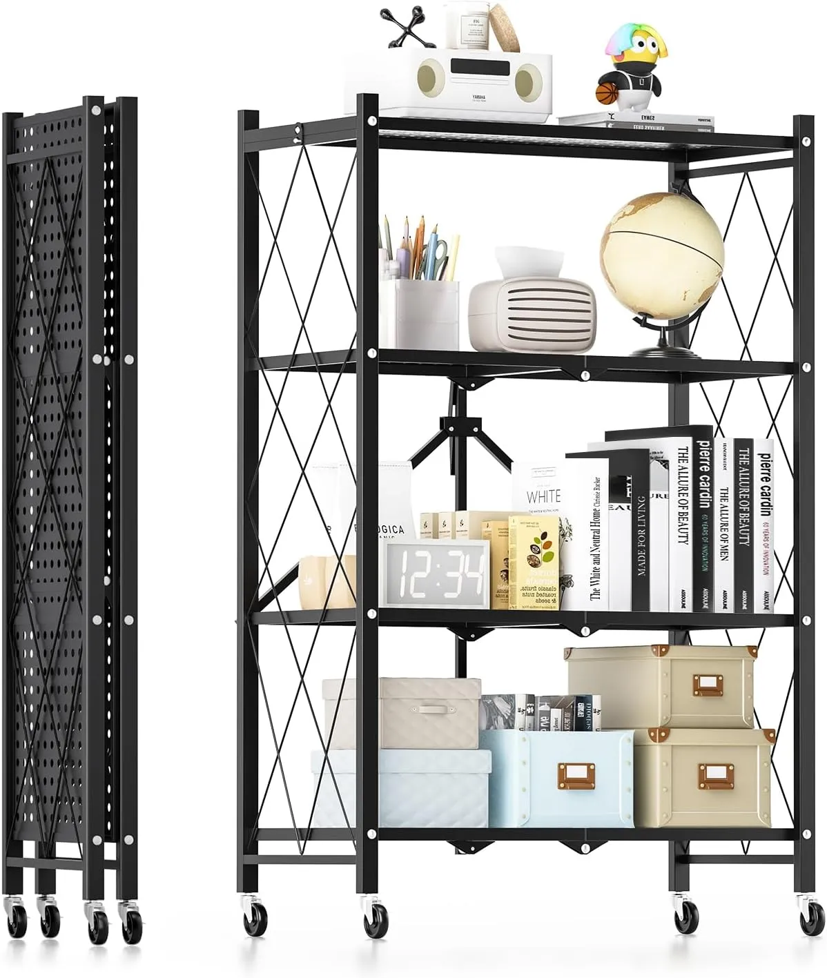 HealSmart Heavy Duty 4-Tier Foldable Metal Rack, 28.0" D x 13.4" W x 49.2" H Storage Shelving Unit with Wheels Moving Organizer Shelves for Garage Kitchen, Black