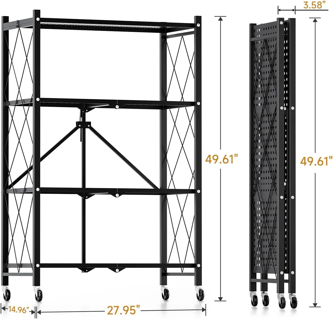 HealSmart Heavy Duty 4-Tier Foldable Metal Rack, 28.0" D x 13.4" W x 49.2" H Storage Shelving Unit with Wheels Moving Organizer Shelves for Garage Kitchen, Black