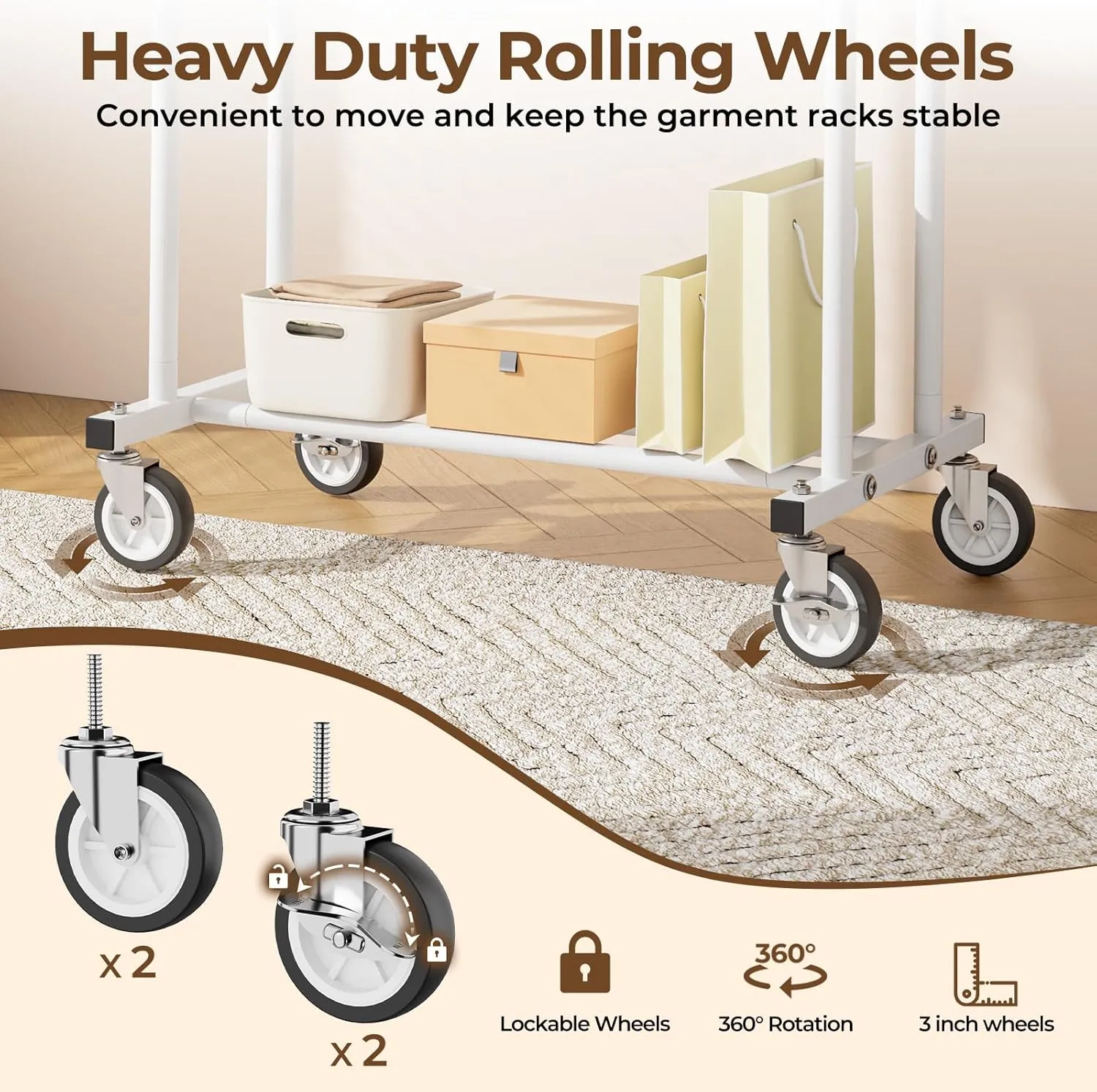 Heavy Duty Clothing Racks for Hanging Clothes 600LBS Coat Rack Rolling Garment Portable Wardrobe Closet Organizer with Wheels Sturdy Adjustable Metal Double Rod with Shelves White