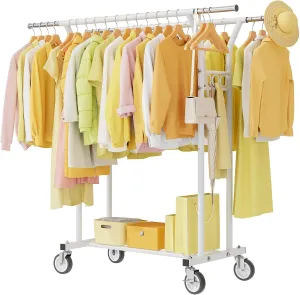 Heavy Duty Clothing Racks for Hanging Clothes 600LBS Coat Rack Rolling Garment Portable Wardrobe Closet Organizer with Wheels Sturdy Adjustable Metal Double Rod with Shelves White