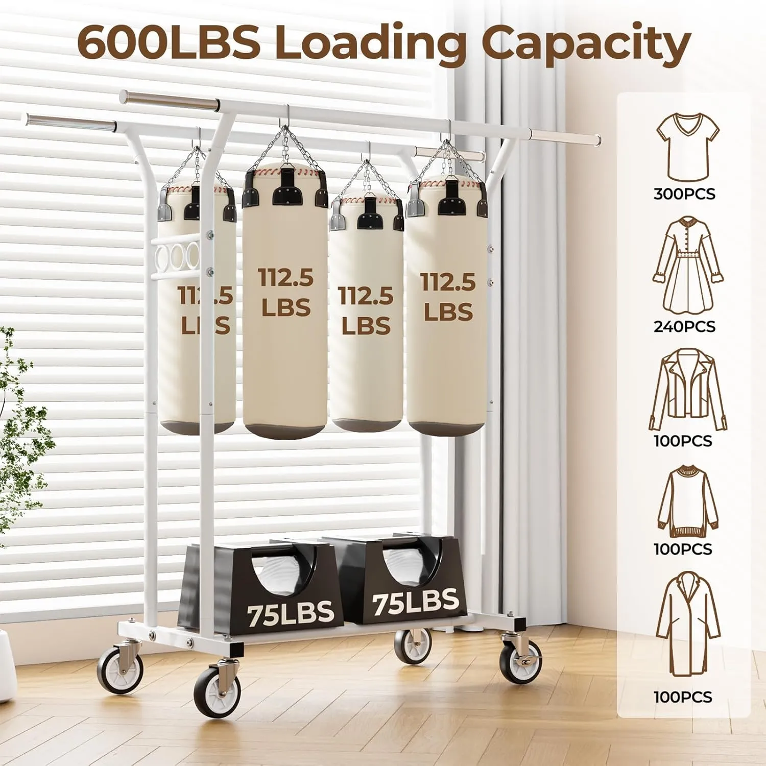 Heavy Duty Clothing Racks for Hanging Clothes 600LBS Coat Rack Rolling Garment Portable Wardrobe Closet Organizer with Wheels Sturdy Adjustable Metal Double Rod with Shelves White