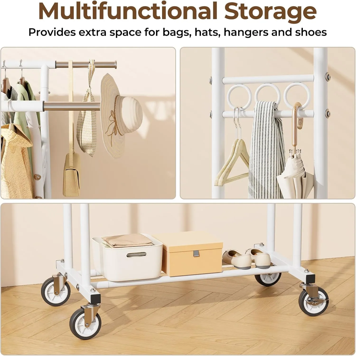 Heavy Duty Clothing Racks for Hanging Clothes 600LBS Coat Rack Rolling Garment Portable Wardrobe Closet Organizer with Wheels Sturdy Adjustable Metal Double Rod with Shelves White