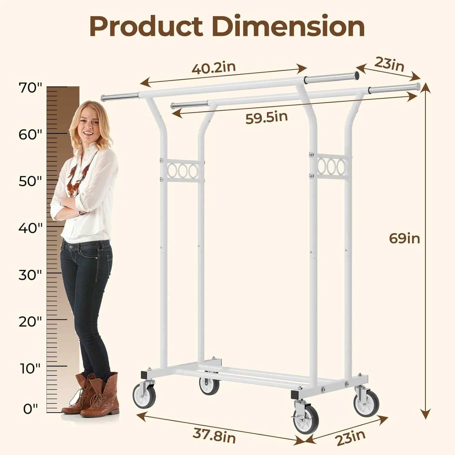 Heavy Duty Clothing Racks for Hanging Clothes 600LBS Coat Rack Rolling Garment Portable Wardrobe Closet Organizer with Wheels Sturdy Adjustable Metal Double Rod with Shelves White