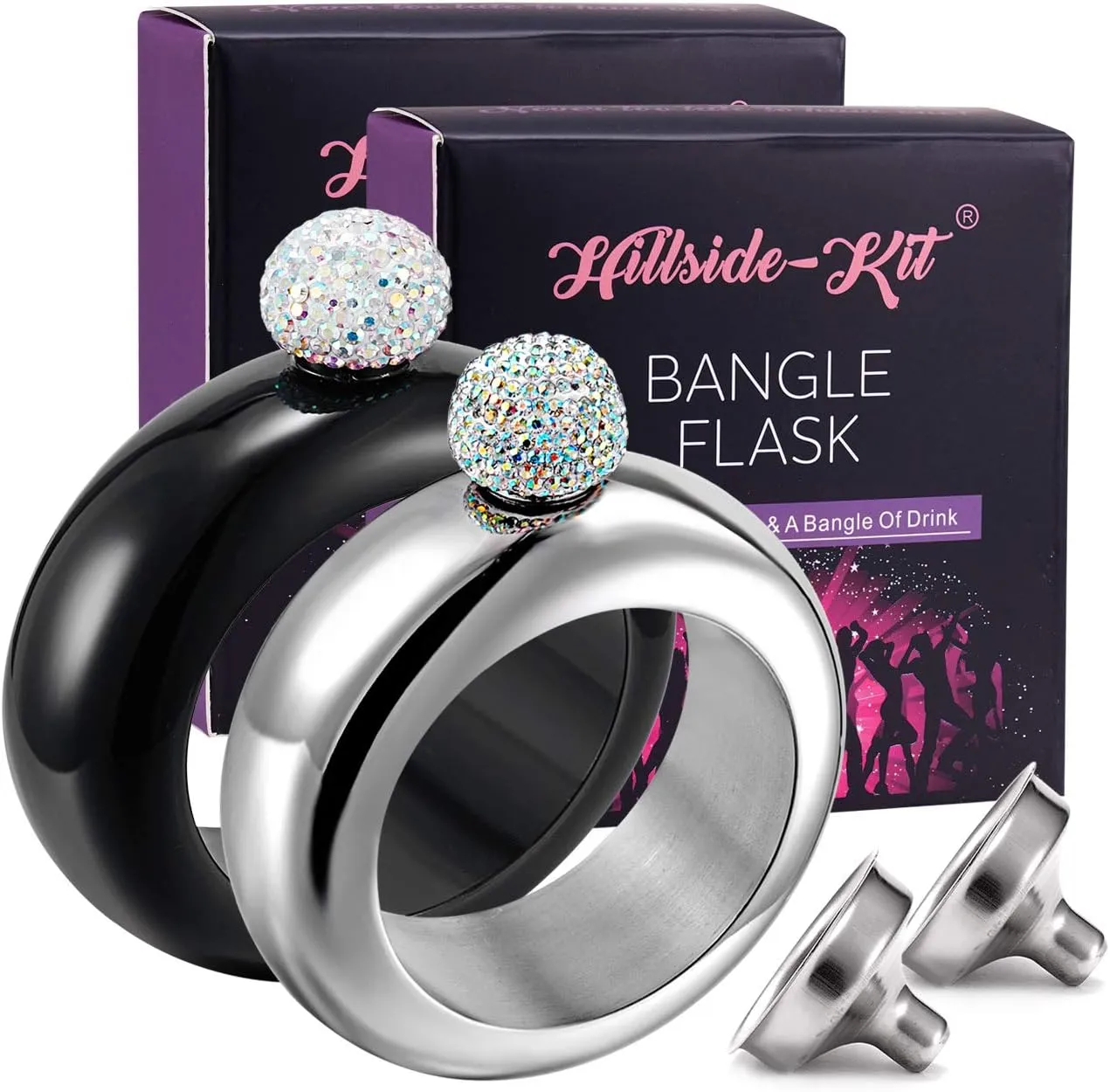 Hillside-Kit Flask Bangle Bracelet- AB Crystal Lid Creative 304 Stainless Steel Wine Alcohol Liquor Flask bracelet for Women Party Hidden Flask Set 3.5OZ -2PCS