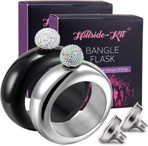 Hillside-Kit Flask Bangle Bracelet- AB Crystal Lid Creative 304 Stainless Steel Wine Alcohol Liquor Flask bracelet for Women Party Hidden Flask Set 3.5OZ -2PCS