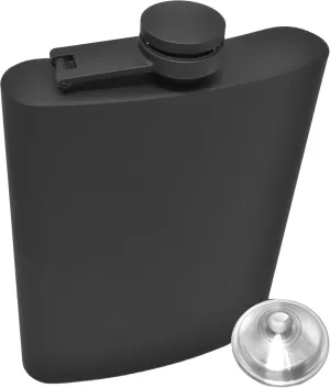 Hip Flask for Liquor 8 Ounce Stainless Steel Black Matte Black Hinge Leakproof with Funnel in Black Box for Men and Women by IDALIO