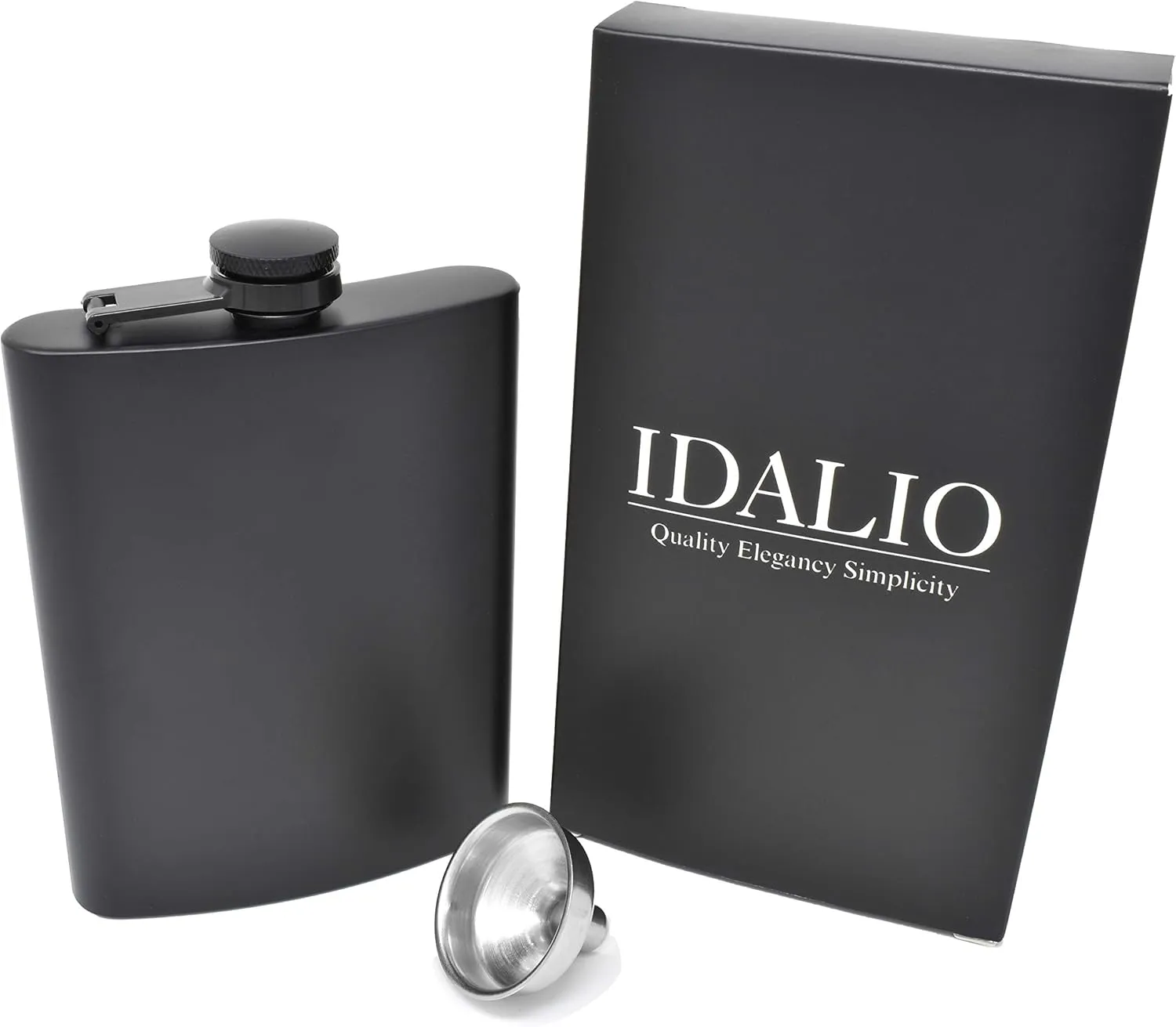 Hip Flask for Liquor 8 Ounce Stainless Steel Black Matte Black Hinge Leakproof with Funnel in Black Box for Men and Women by IDALIO