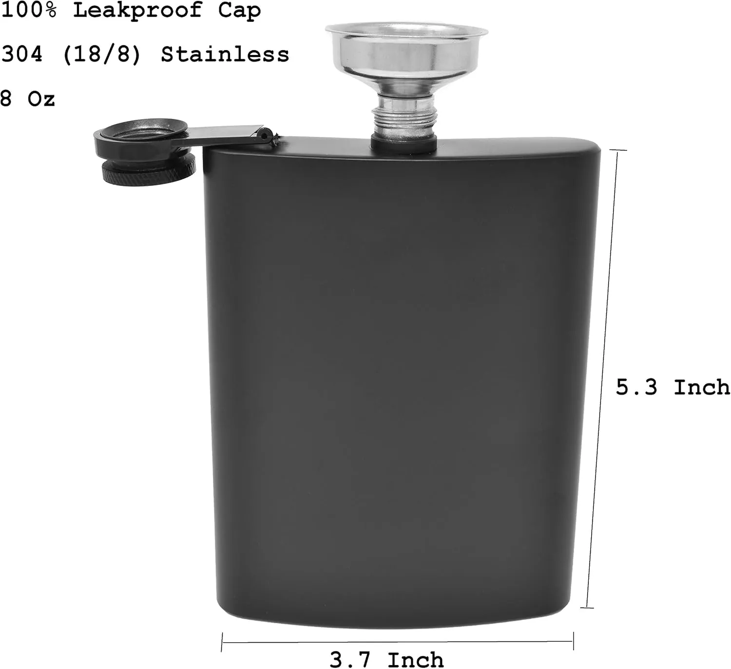 Hip Flask for Liquor 8 Ounce Stainless Steel Black Matte Black Hinge Leakproof with Funnel in Black Box for Men and Women by IDALIO