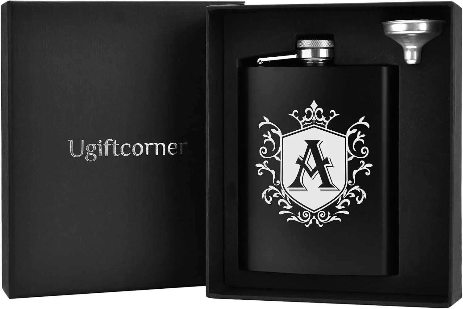 Hip Flask for Men Engraved Drinking Whiskey Flasks for Liquor 8 OZ Stainless Steel Black Initial Monogrammed Gifts Personalized Groomsmen Christmas Birthday Dad Gifts for Him Letter A
