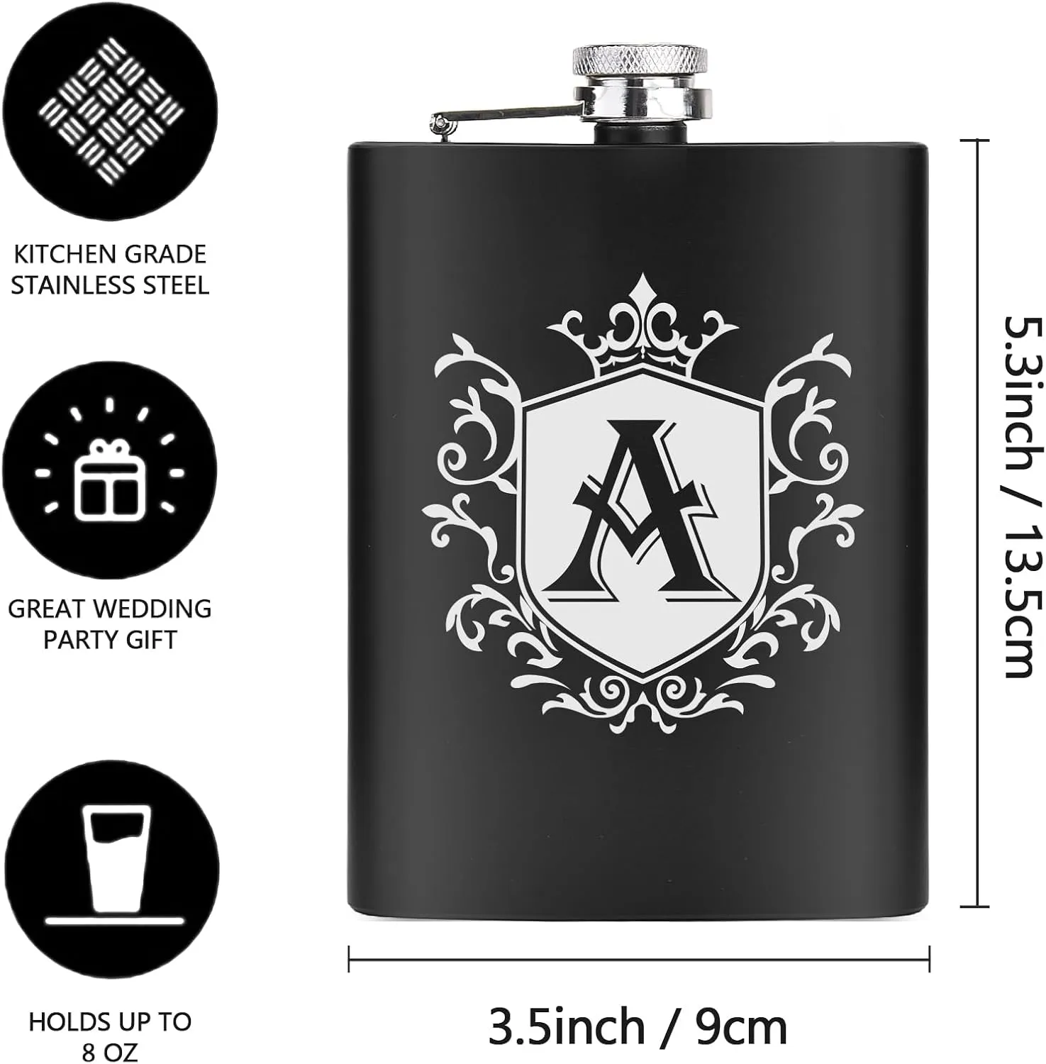 Hip Flask for Men Engraved Drinking Whiskey Flasks for Liquor 8 OZ Stainless Steel Black Initial Monogrammed Gifts Personalized Groomsmen Christmas Birthday Dad Gifts for Him Letter A