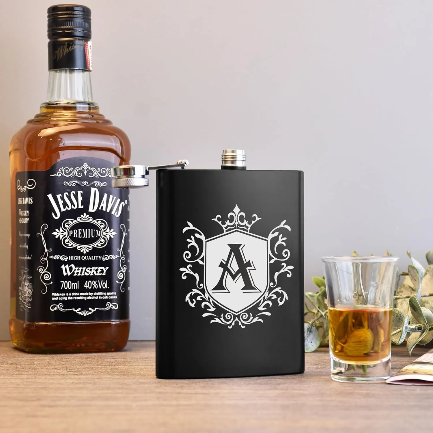 Hip Flask for Men Engraved Drinking Whiskey Flasks for Liquor 8 OZ Stainless Steel Black Initial Monogrammed Gifts Personalized Groomsmen Christmas Birthday Dad Gifts for Him Letter A