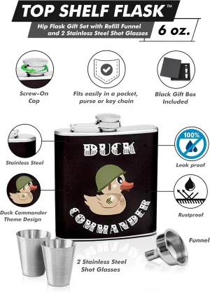 Hip Flask Gift Set with Refill Funnel and 2 Stainless Steel Shot Glasses - Duck Commander Theme Design - Black Wrapped Vinyl Finish - 6 oz Flask - Gift Box Included
