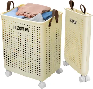 HLZQPFJWcollapsible laundry baskets,laundry basket with wheels,laundry hamper with wheels,dorm laundry hamper,laundry basket plastic，35, 50, 60 liter large capacity (Cream yellow, Large)
