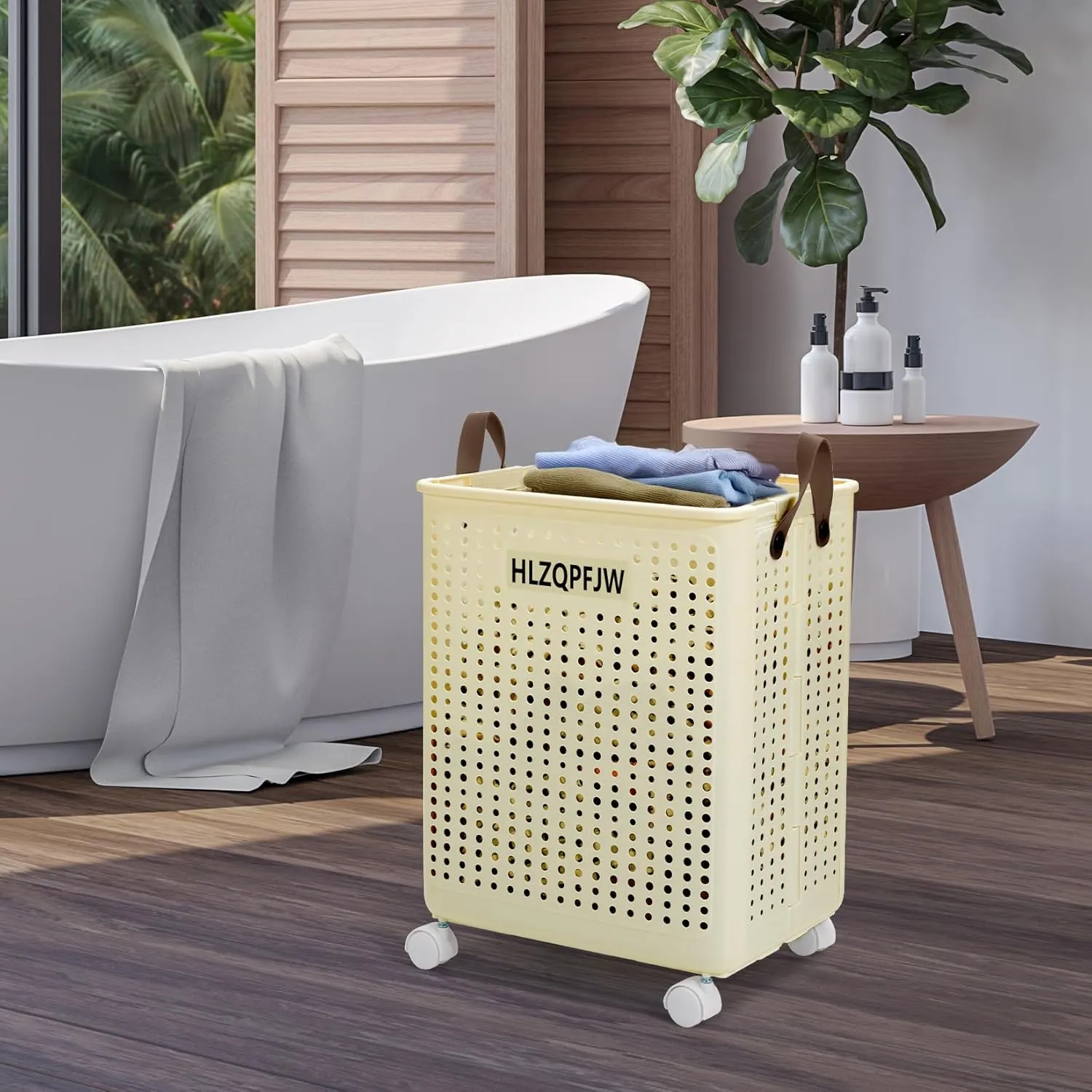 HLZQPFJWcollapsible laundry baskets,laundry basket with wheels,laundry hamper with wheels,dorm laundry hamper,laundry basket plastic，35, 50, 60 liter large capacity (Cream yellow, Large)
