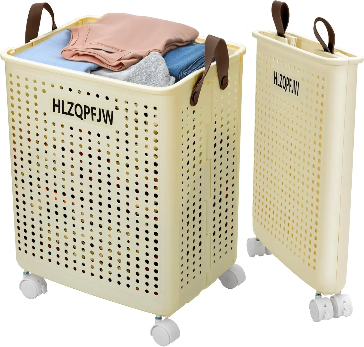 HLZQPFJWcollapsible laundry baskets,laundry basket with wheels,laundry hamper with wheels,dorm laundry hamper,laundry basket plastic，35, 50, 60 liter large capacity (Cream yellow, Large)