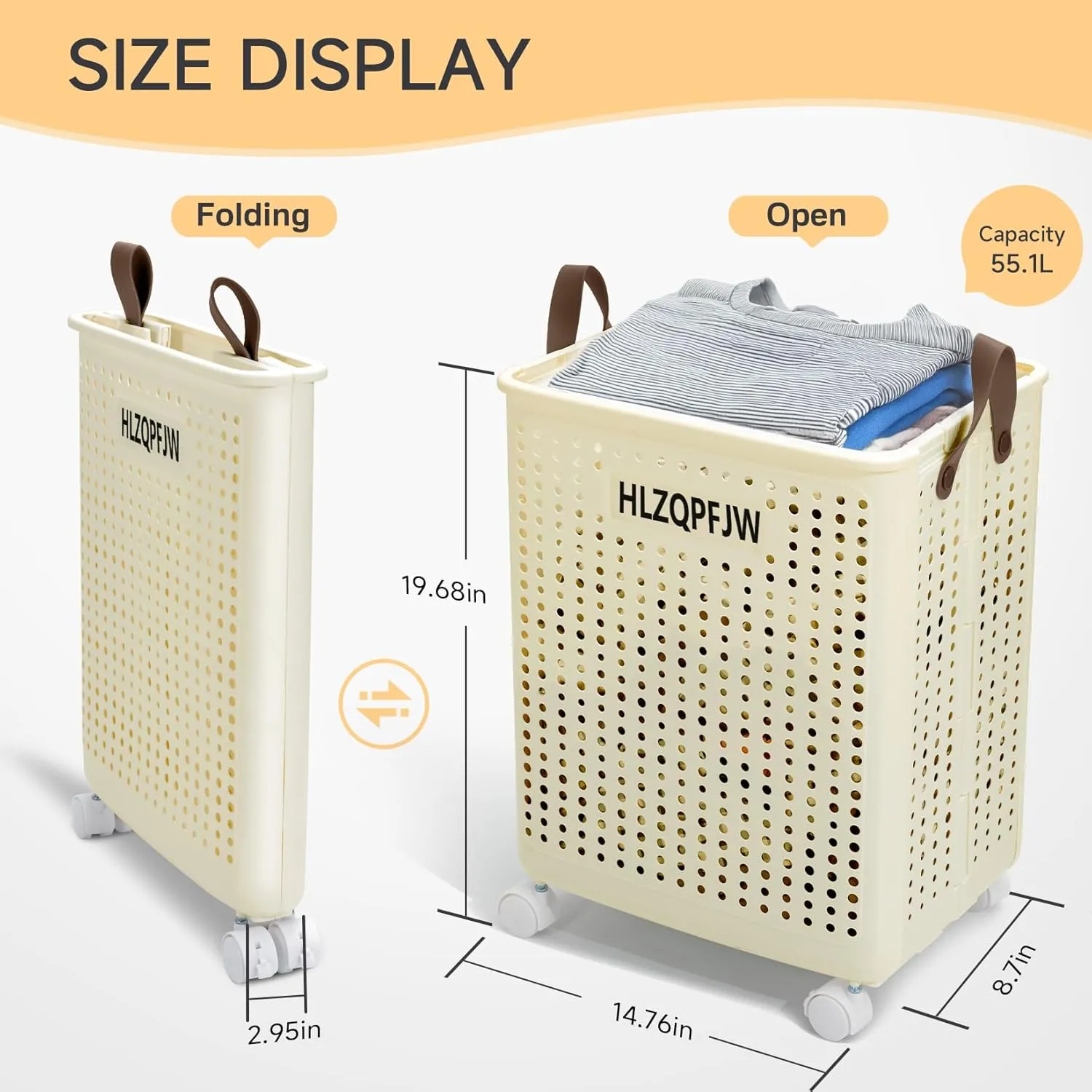 HLZQPFJWcollapsible laundry baskets,laundry basket with wheels,laundry hamper with wheels,dorm laundry hamper,laundry basket plastic，35, 50, 60 liter large capacity (Cream yellow, Large)