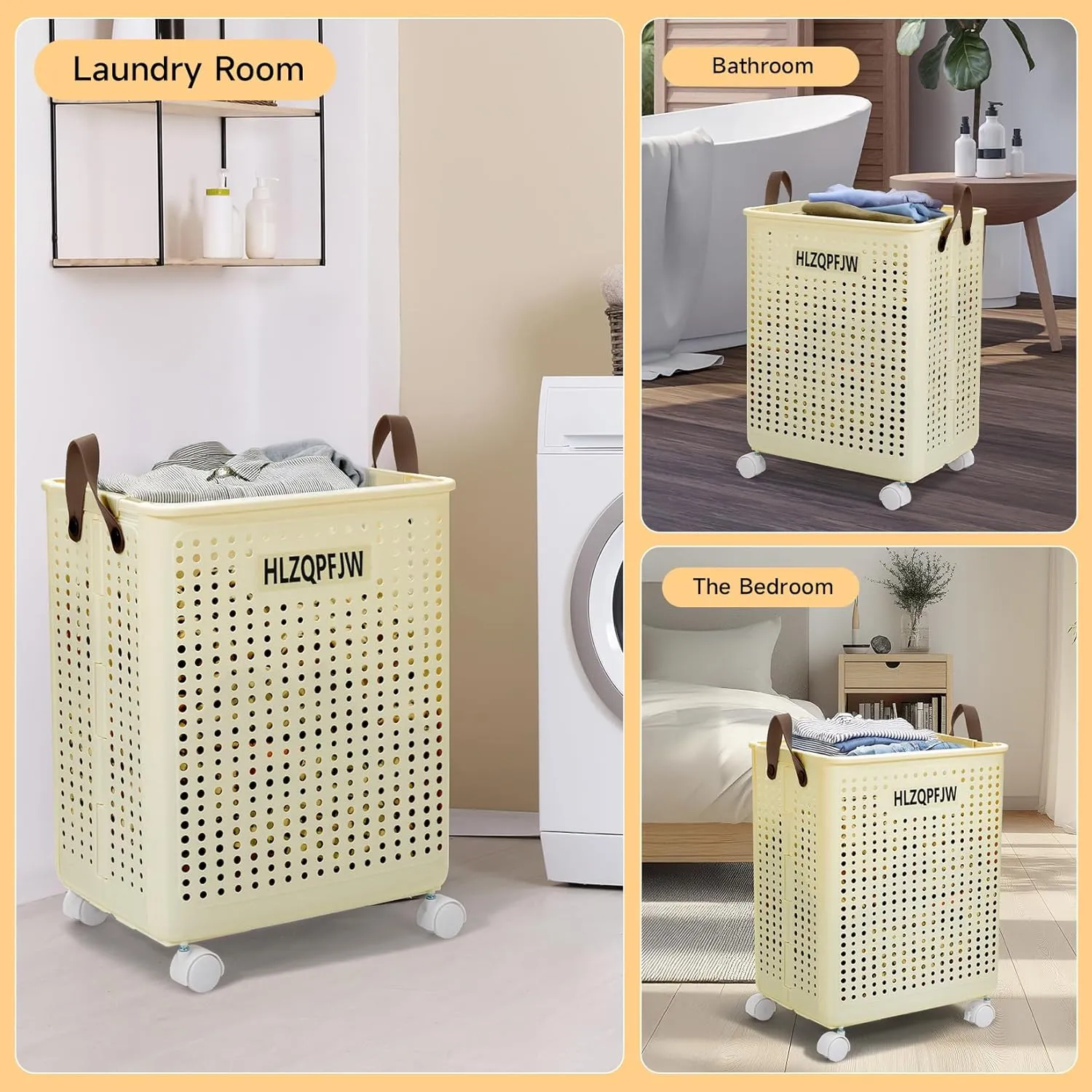 HLZQPFJWcollapsible laundry baskets,laundry basket with wheels,laundry hamper with wheels,dorm laundry hamper,laundry basket plastic，35, 50, 60 liter large capacity (Cream yellow, Large)