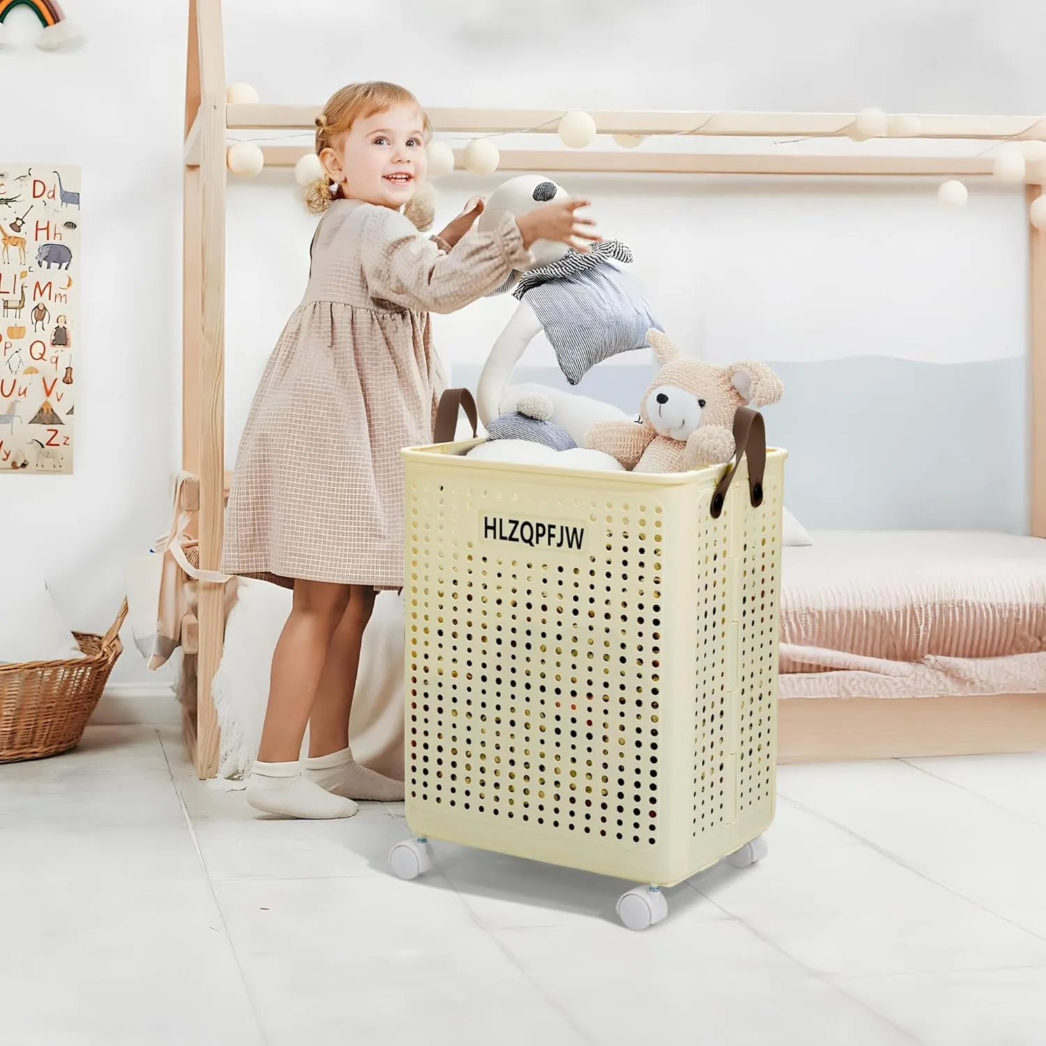 HLZQPFJWcollapsible laundry baskets,laundry basket with wheels,laundry hamper with wheels,dorm laundry hamper,laundry basket plastic，35, 50, 60 liter large capacity (Cream yellow, Large)