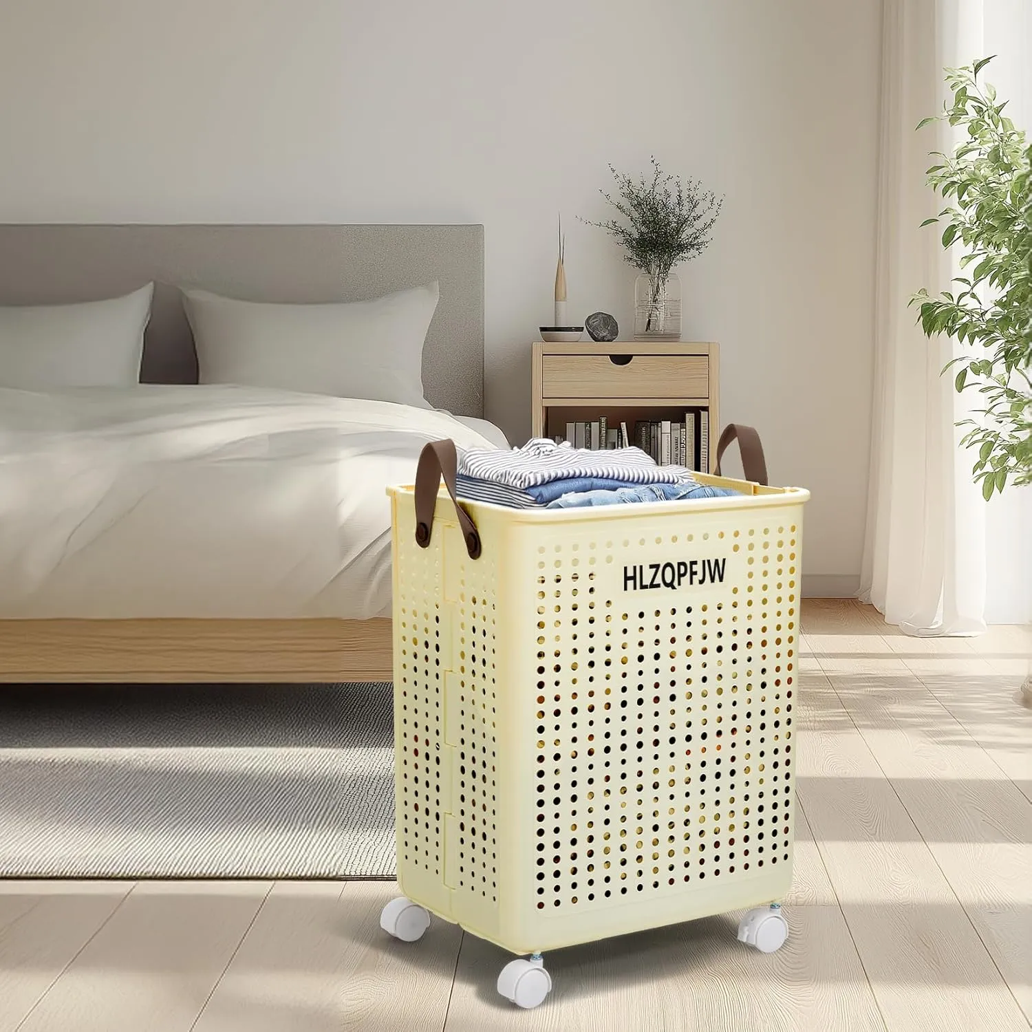 HLZQPFJWcollapsible laundry baskets,laundry basket with wheels,laundry hamper with wheels,dorm laundry hamper,laundry basket plastic，35, 50, 60 liter large capacity (Cream yellow, Large)