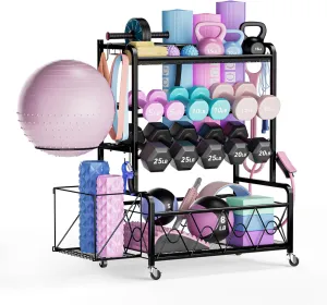 Home Gym Organizer All-in-One Yoga Dumbbell Rack Kettlebell Sets Holder, for Workout Exercise Equipment, Yoga Mat, Fitness Accessories, Home Gym Equipment Storage with Wheels