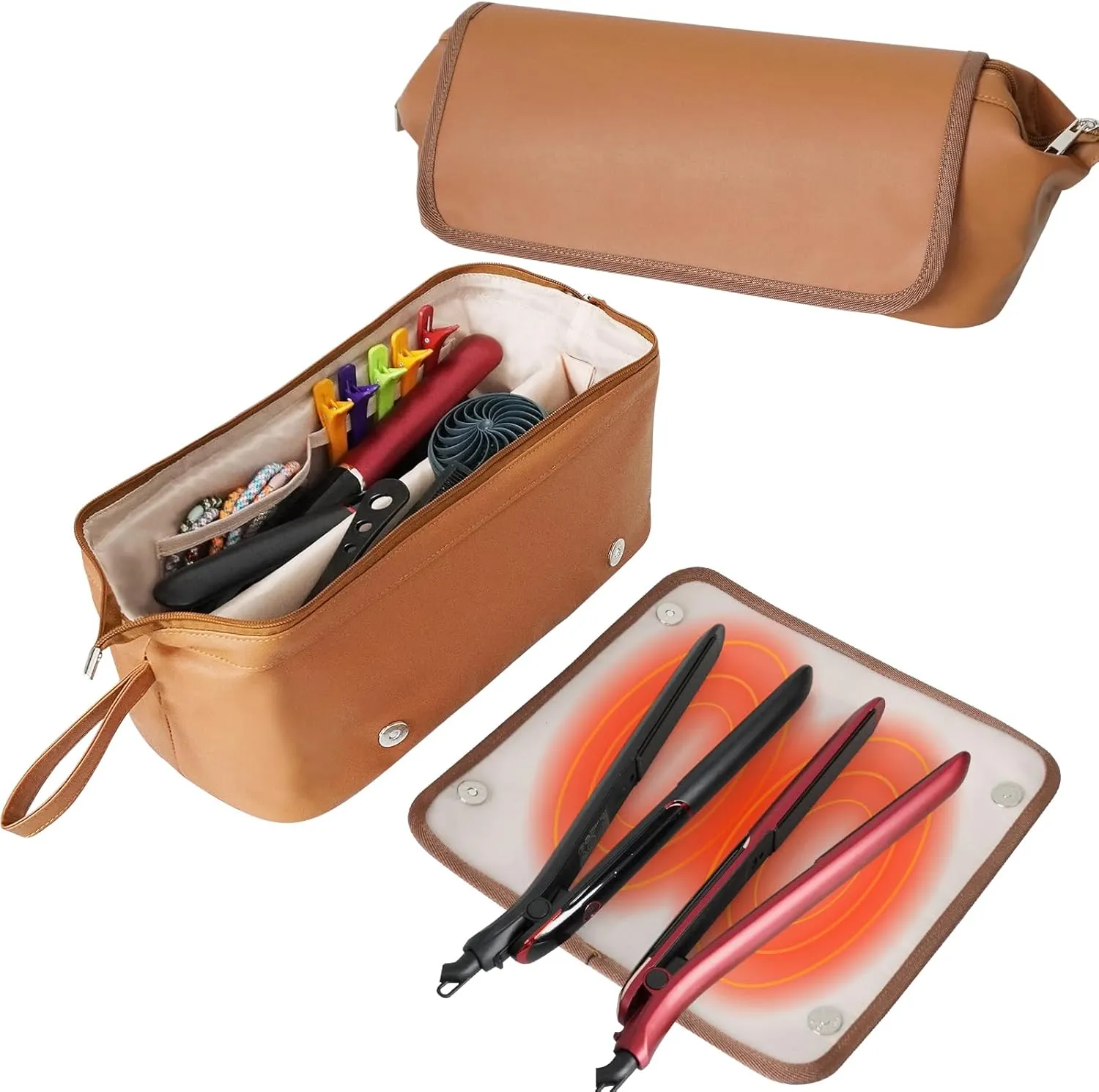 Hot Hair Tools Travel Bag With Heat-resistant Mat, Tools Organizer for Straighteners, Curling Iron, Dryers, Accessories, Waterproof 2 in 1 Styling Curling Iron Travel Case (Brown)