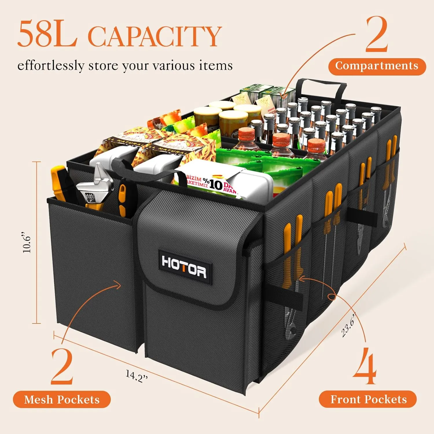 HOTOR Foldable Trunk Organizer - SUVs & Sedans, Sturdy Car Organization With 2 Compartments, Black, 23.6"14.2"10.6"