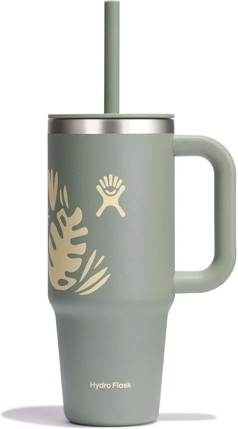 Hydro Flask 24 Oz Travel Tumbler with Handle, Lid and Straw - Insulated Stainless Steel in 24 Oz Botanical Bliss Agave Green