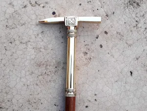 Ice Axe Look Walking Stick, Beautiful Design Solid Brass Handle 3 Fold Wooden Cane