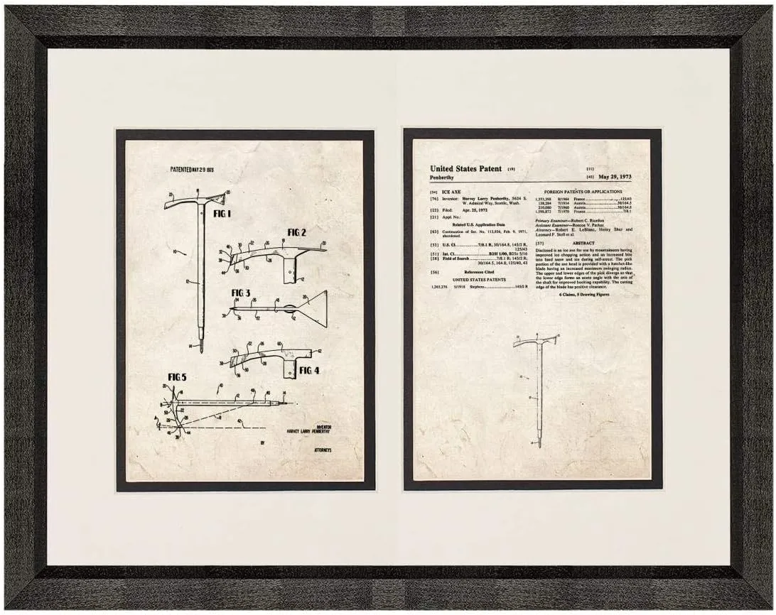 Ice Axe Patent Art Old Look Print in a Beveled Black Wood Frame with a Double Mat (16" x 20") M12292