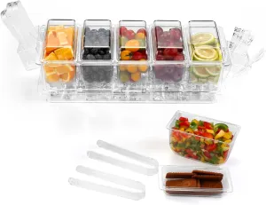 Ice Chilled Condiment Organizer with Detachable Ice Box & Hanging Side Bins – Ice Chilled Taco Bar Serving for Parties, Fruits, Salad – Includes Tongs, Spoons, Forks (BPA-Free)