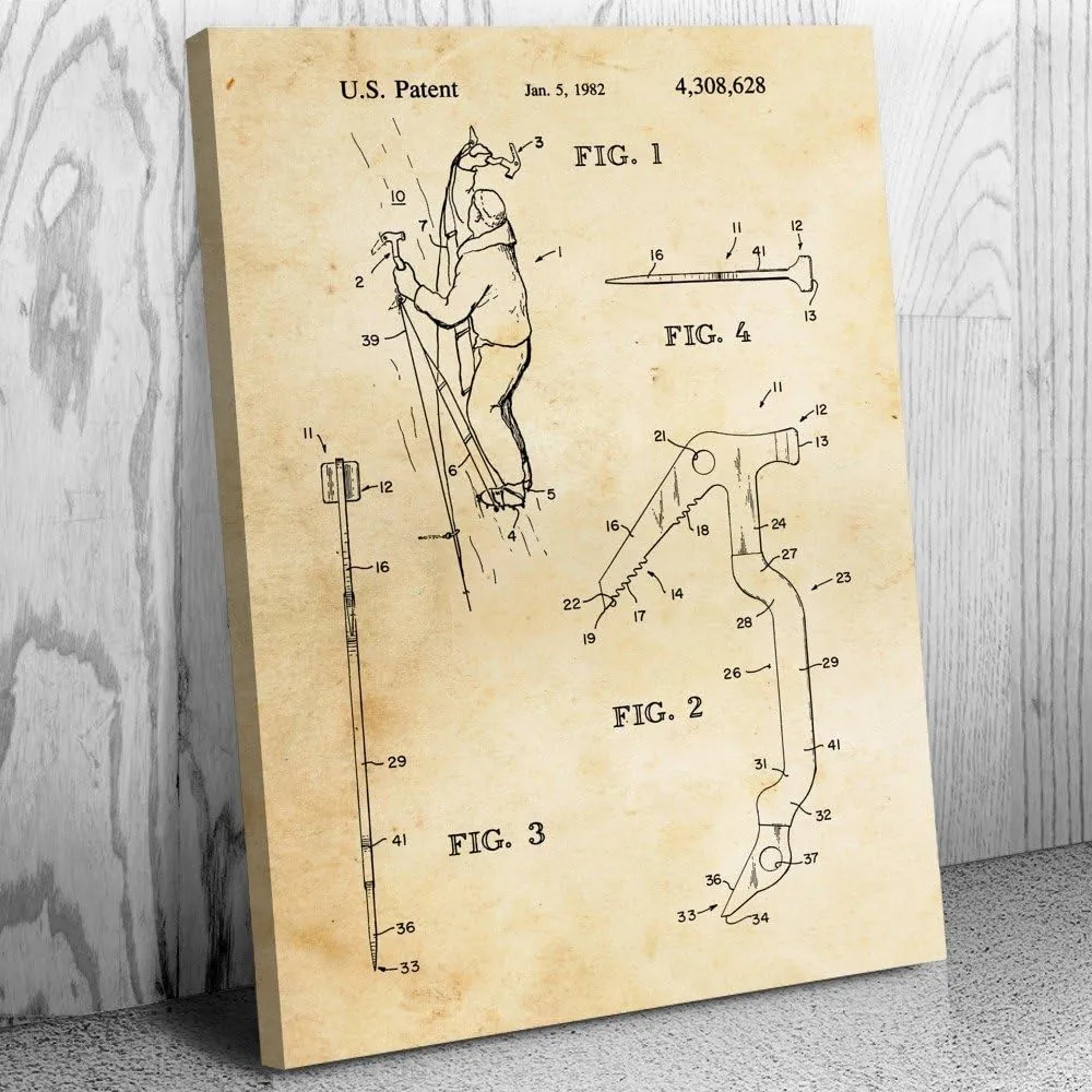 Ice Climbing Axe Patent Canvas Print (12x16) Climbing Gifts, Sports Decor, Outdoorsman Gifts, Gym Decor, Garage Art, Climbing Wall Art