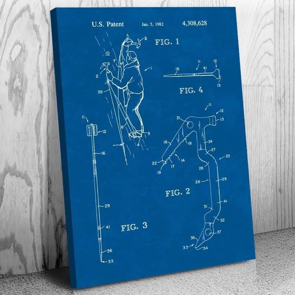 Ice Climbing Axe Patent Canvas Print (16x20) Climbing Gifts, Sports Decor, Outdoorsman Gifts, Gym Decor, Garage Art, Climbing Wall Art