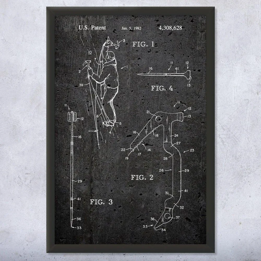Ice Climbing Axe Patent Framed Print (11x14) Climbing Gifts, Sports Decor, Outdoorsman Gifts, Gym Decor, Garage Art, Climbing Wall Art