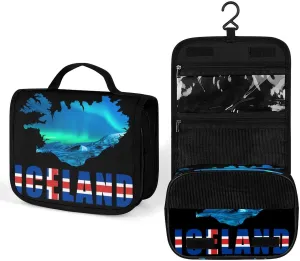 Iceland Flag Map Northern Lights Makeup Bag Portable Hanging Organizer for Travel Wash Bags With Handle And Divider