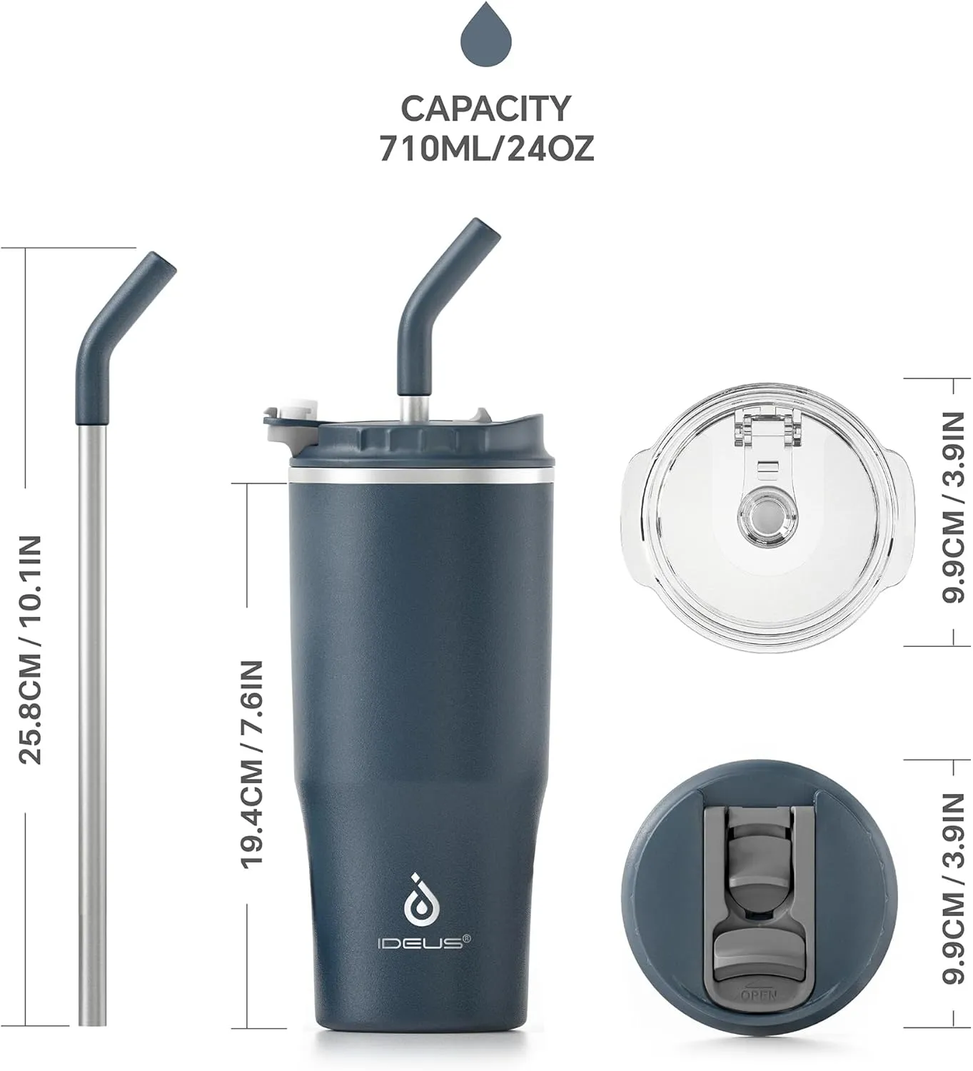 Ideus 24oz Insulated Travel Coffee Tumbler, Coffee Cups with Lids and Straw, Stainless Steel Coffee Mug, Double Wall Vacuum Flask for Adult Men and Women, Navy Blue