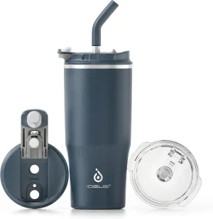 Ideus 24oz Insulated Travel Coffee Tumbler, Coffee Cups with Lids and Straw, Stainless Steel Coffee Mug, Double Wall Vacuum Flask for Adult Men and Women, Navy Blue