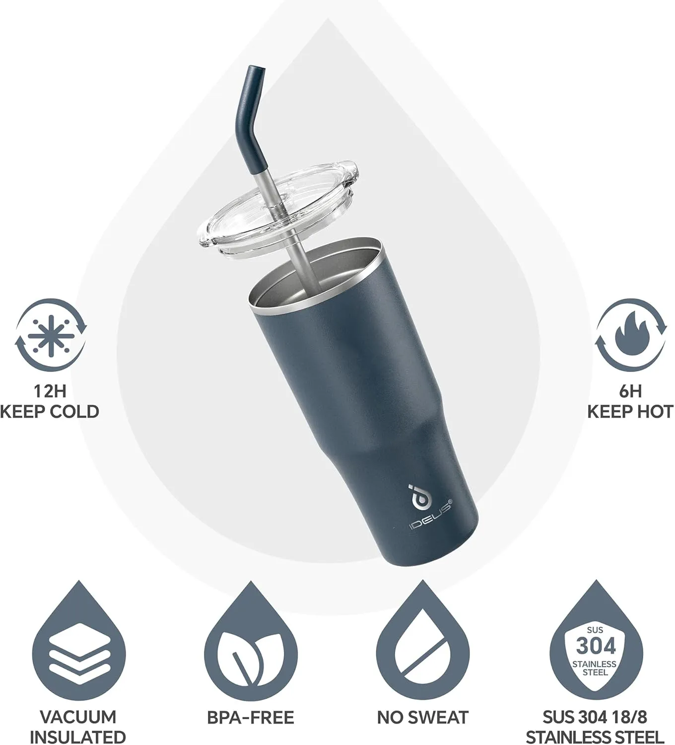 Ideus 24oz Insulated Travel Coffee Tumbler, Coffee Cups with Lids and Straw, Stainless Steel Coffee Mug, Double Wall Vacuum Flask for Adult Men and Women, Navy Blue