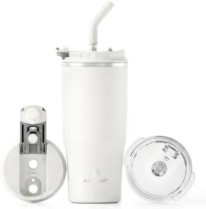 Ideus 24oz Insulated Travel Coffee Tumbler, Coffee Cups with Lids and Straw, Stainless Steel Coffee Mug, Double Wall Vacuum Flask for Adult Men and Women, White