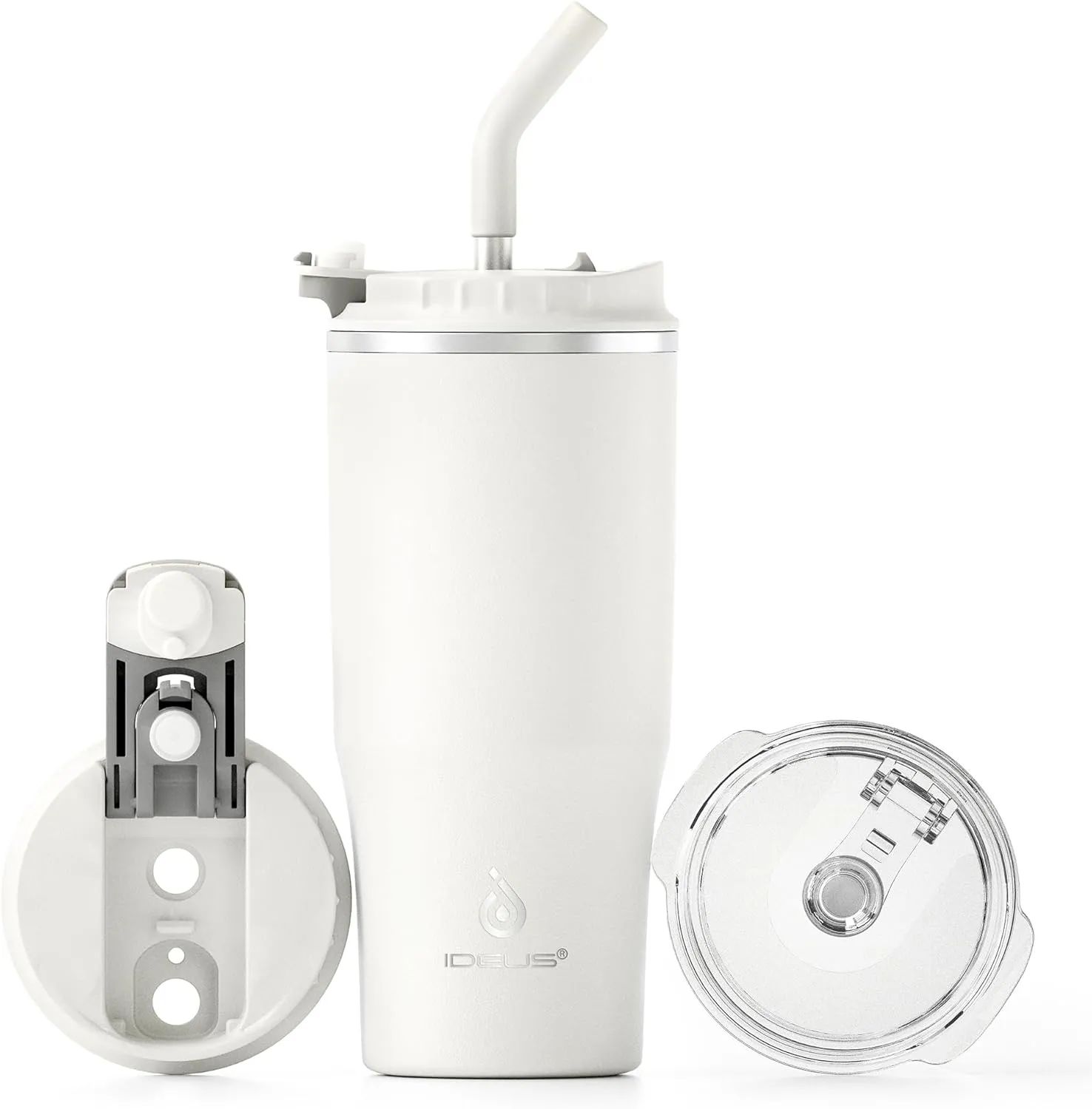 Ideus 24oz Insulated Travel Coffee Tumbler, Coffee Cups with Lids and Straw, Stainless Steel Coffee Mug, Double Wall Vacuum Flask for Adult Men and Women, White