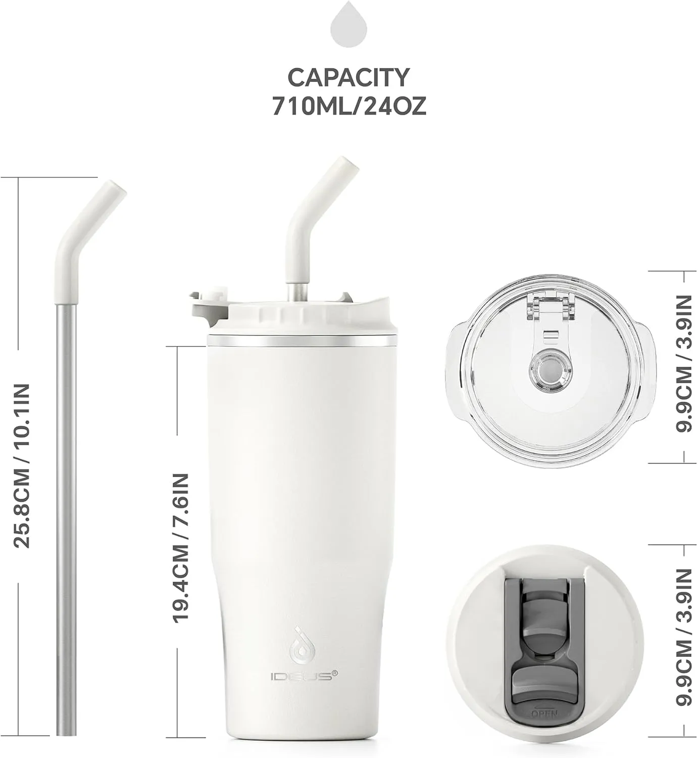 Ideus 24oz Insulated Travel Coffee Tumbler, Coffee Cups with Lids and Straw, Stainless Steel Coffee Mug, Double Wall Vacuum Flask for Adult Men and Women, White