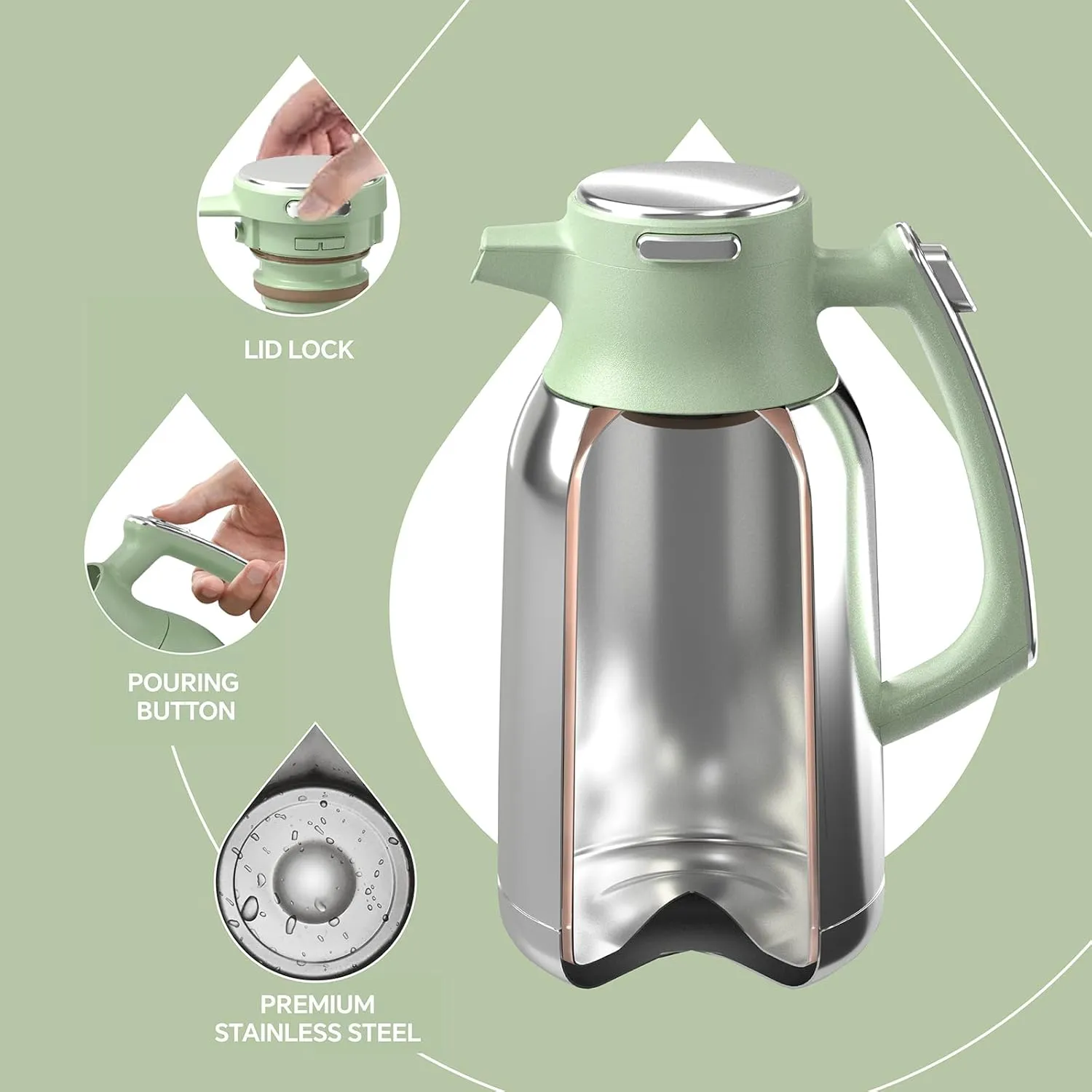 IDEUS 68 oz Stainless Steel Thermal Coffee Carafe, Double Wall Insulated Vacuum Flask, Water Coffee and Beverage Dispenser, 12 Hour Heat 24 Hour Cold Retention, Avocado Green