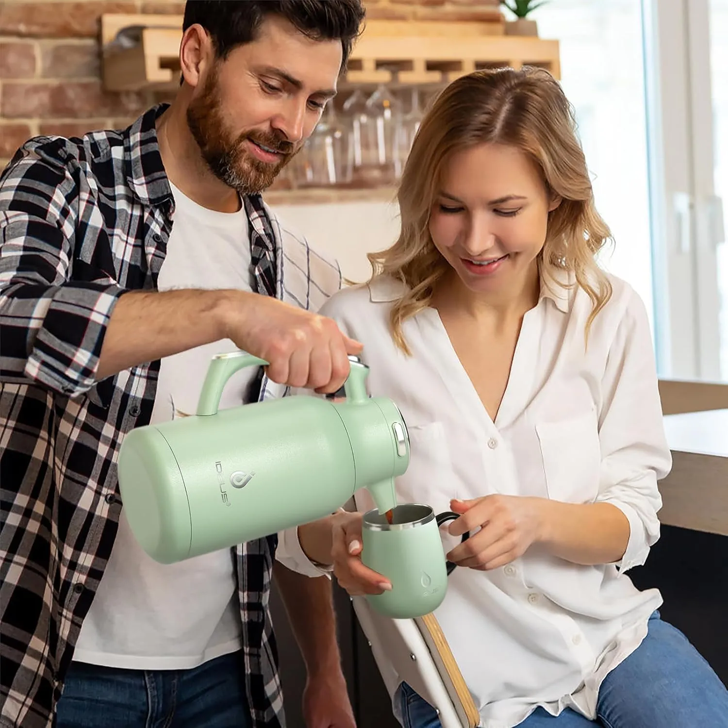 IDEUS 68 oz Stainless Steel Thermal Coffee Carafe, Double Wall Insulated Vacuum Flask, Water Coffee and Beverage Dispenser, 12 Hour Heat 24 Hour Cold Retention, Avocado Green