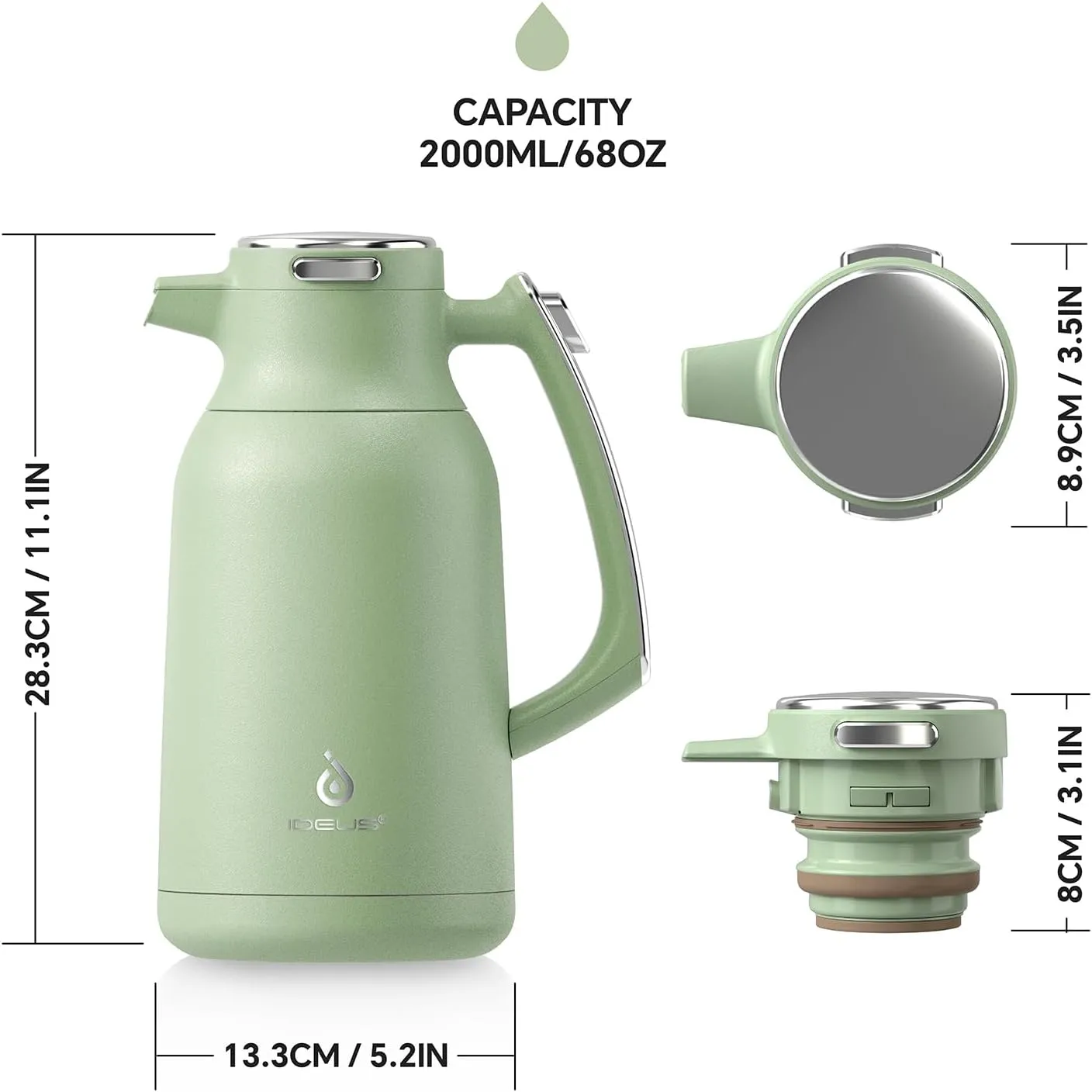 IDEUS 68 oz Stainless Steel Thermal Coffee Carafe, Double Wall Insulated Vacuum Flask, Water Coffee and Beverage Dispenser, 12 Hour Heat 24 Hour Cold Retention, Avocado Green
