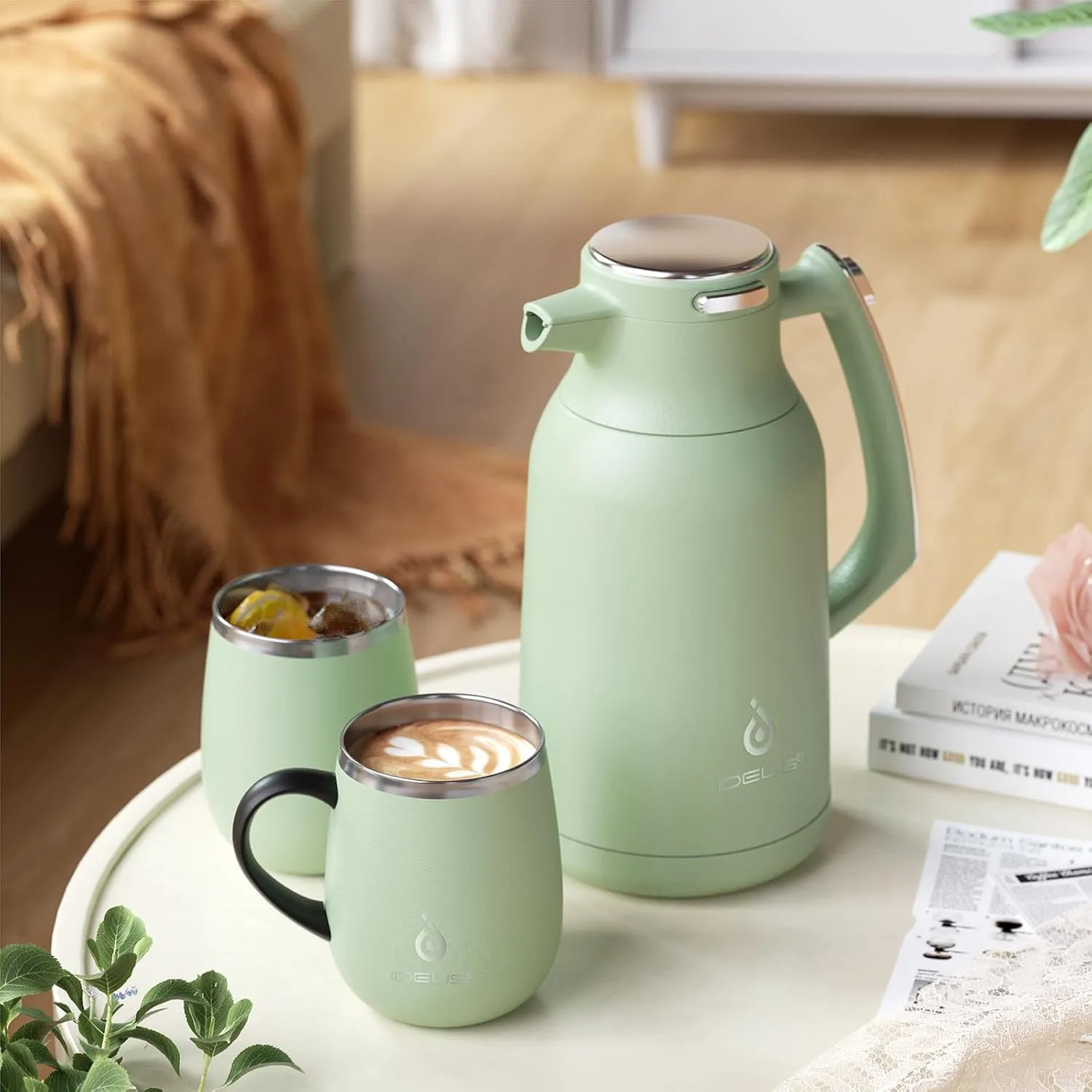 IDEUS 68 oz Stainless Steel Thermal Coffee Carafe, Double Wall Insulated Vacuum Flask, Water Coffee and Beverage Dispenser, 12 Hour Heat 24 Hour Cold Retention, Avocado Green