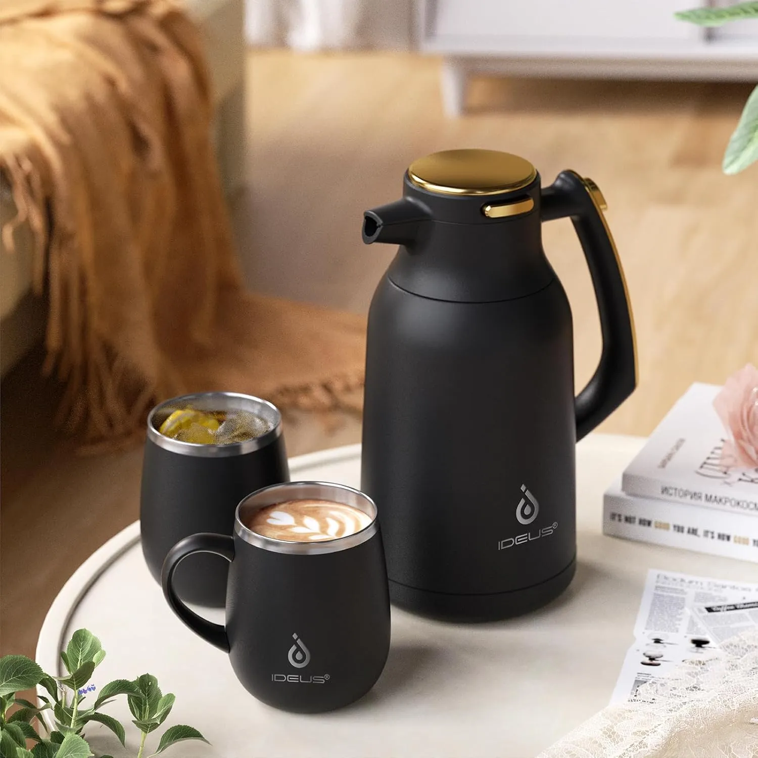 IDEUS 68 oz Stainless Steel Thermal Coffee Carafe, Double Wall Insulated Vacuum Flask, Water Coffee and Beverage Dispenser, 12 Hour Heat 24 Hour Cold Retention (Black Gold)