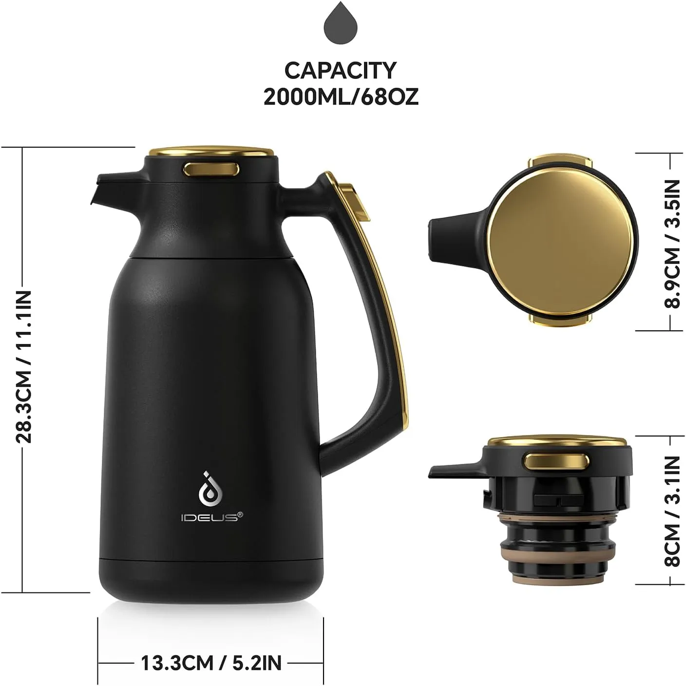 IDEUS 68 oz Stainless Steel Thermal Coffee Carafe, Double Wall Insulated Vacuum Flask, Water Coffee and Beverage Dispenser, 12 Hour Heat 24 Hour Cold Retention (Black Gold)