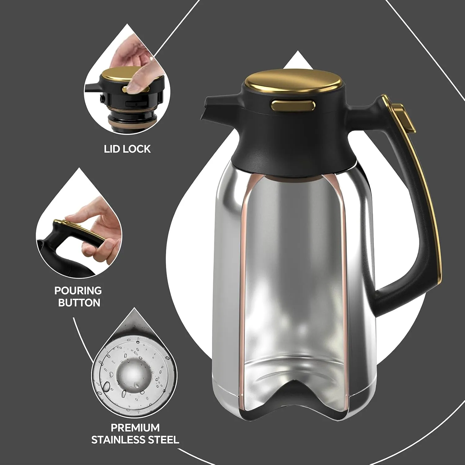 IDEUS 68 oz Stainless Steel Thermal Coffee Carafe, Double Wall Insulated Vacuum Flask, Water Coffee and Beverage Dispenser, 12 Hour Heat 24 Hour Cold Retention (Black Gold)